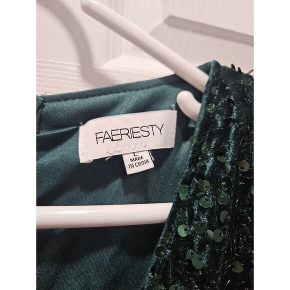 Faeristy Green Sequin Velvet Ruched Gown Dress Maxi Size L Deep V Wrap - Picture 2 of 9